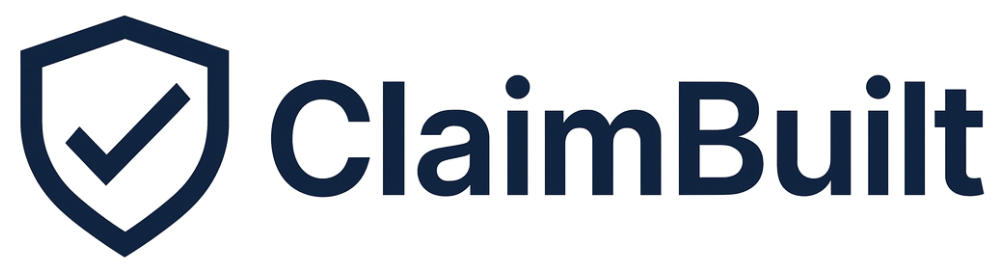 ClaimBuilt logo with a dark blue shield containing a checkmark, followed by the word 'ClaimBuilt' in bold dark blue text.