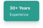 Green rectangular badge with white text that reads 30+ Years Experience.